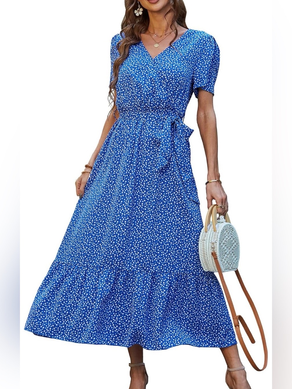 Blue Floral V-Neck Tie-Waist Maxi Dress